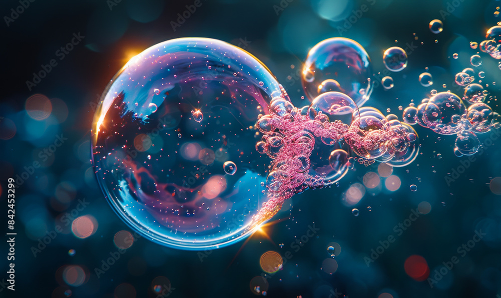 Naklejka premium Translucent Soap Bubble Floating Against Dark Background with Colorful Reflections and Bokeh Lighting, Capturing Ethereal and Magical Atmosphere for Light and Texture Studies