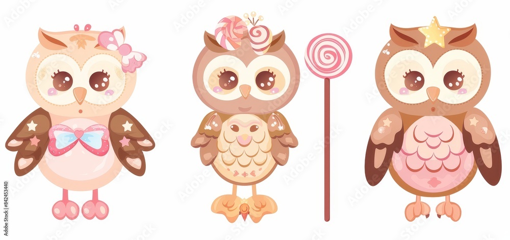 Isolated cartoon illustration of cute, funny owls with star, candy, crown, suitable for printing, stickering. Fairytale story. Card for family and friends. White background. Modern illustration. Isolated cartoon illustration of cute, funny owls with star, candy, crown, suitable for printing, stickering. Fairytale story. Card for family and friends. White background. Modern illustration.