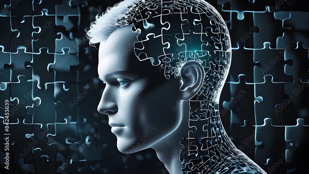 Human head profile and jigsaw puzzle, cognitive psychology or psychotherapy concept, mental health, brain problem, personality disorder, vector line design, Human head profile and jigsaw puzzle, cognitive psychology or psychotherapy concept, mental health, brain problem, personality disorder, vector line design,