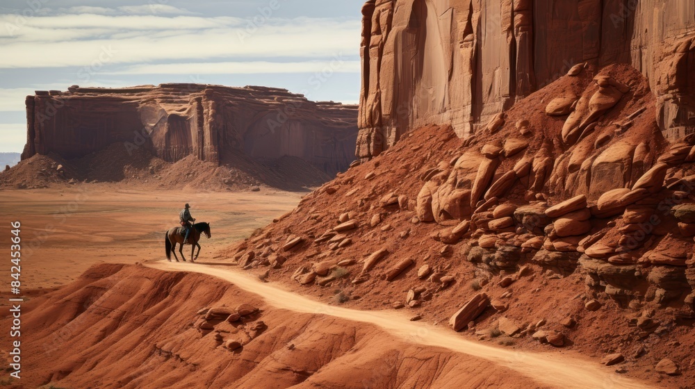 A person riding a horse on a dirt road surrounded by rocky hills A person riding a horse on a dirt road surrounded by rocky hills