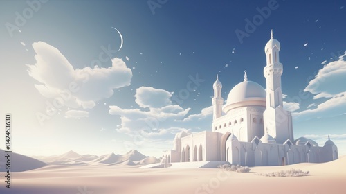 White mosque in the desert with blue sky behind photo