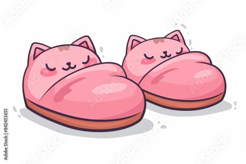 This modern illustration shows a pair of fuzzily cute cat slippers, soft and comfortable textile footwear for the home. photo