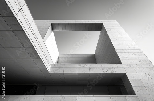 A photograph in hyper-realistic and minimalist style of a white facade of a building 