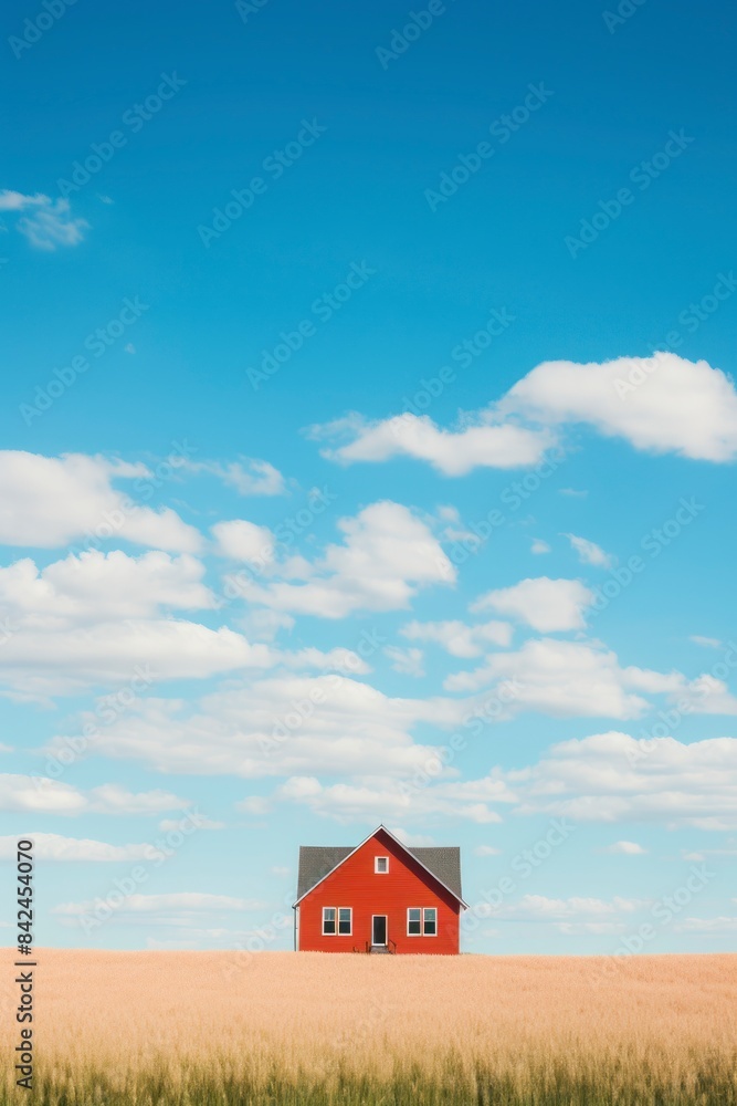 House on green field with blue sky and clouds. Real estate concept House on green field with blue sky and clouds. Real estate concept