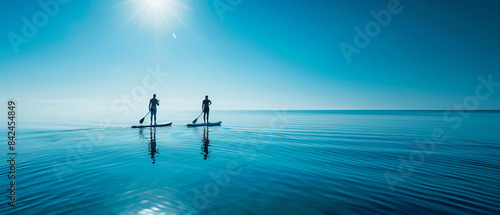 Serene Summer Vibes - Paddleboarders Enjoying Calm Waters on a Sunny Beach Day photo