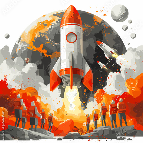 A painting of a rocket launching into space with a group of people on the ground. The mood of the painting is one of excitement and adventure