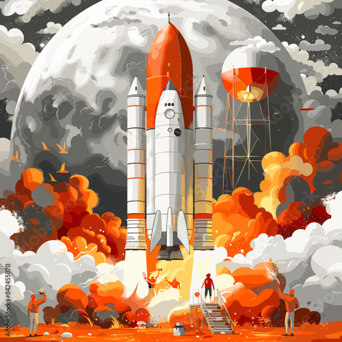A painting of a rocket launching into space