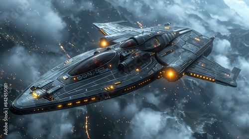 Wallpaper Mural Futuristic Spaceship Flying Through Cloudy Sky With Glowing Lights Torontodigital.ca