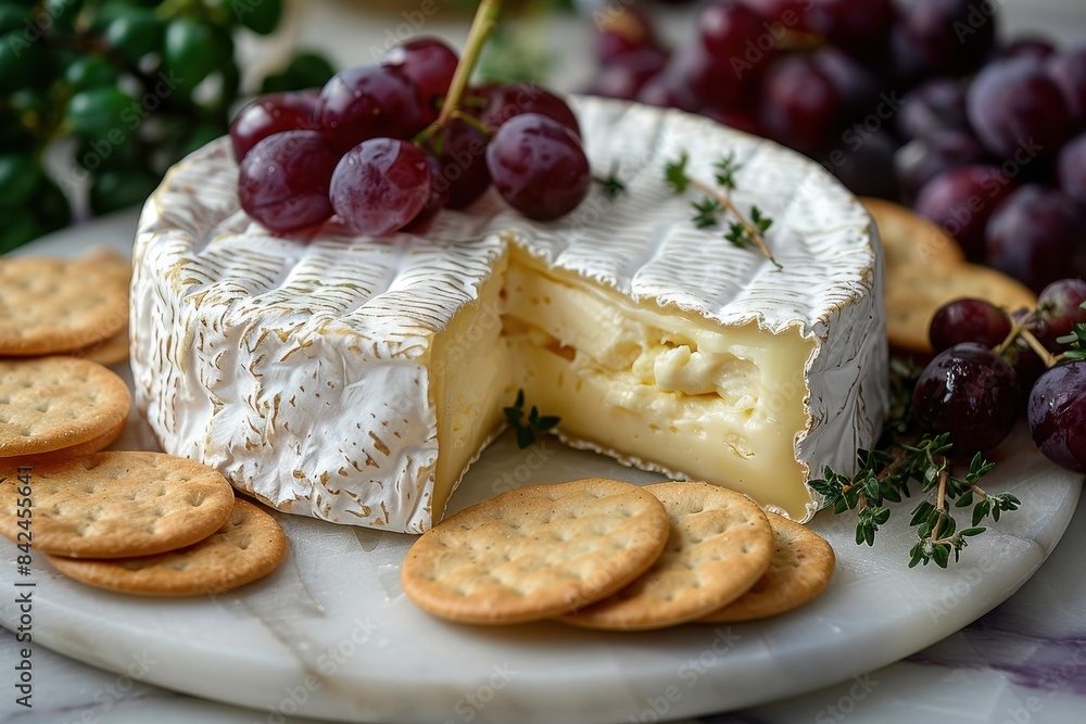 Brie Cheese A wheel of creamy Brie cheese with a wedge cut out, showing the soft interior. Served with crackers and fresh fruit. Brie Cheese A wheel of creamy Brie cheese with a wedge cut out, showing the soft interior. Served with crackers and fresh fruit.