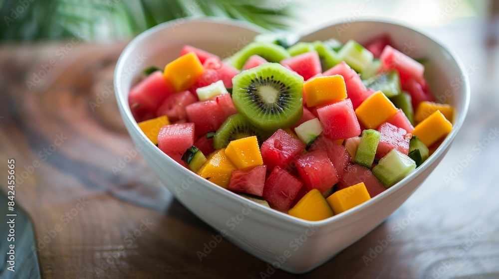 A heart-shaped bowl overflows with a colorful mix of chopped fruits, like watermelon, mango, and kiwi, offering a refreshing and healthy dessert. A heart-shaped bowl overflows with a colorful mix of chopped fruits, like watermelon, mango, and kiwi, offering a refreshing and healthy dessert.