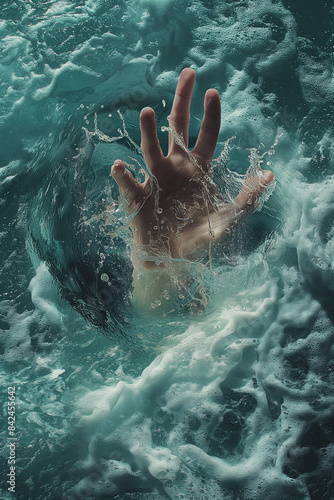 hand of a businessman reaching out, about to drown in the sea