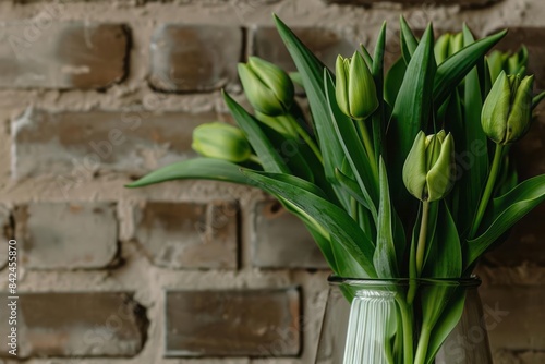 A glass vase containing bright green tulip stems and leaves with the flowers out of frame against a brick wall