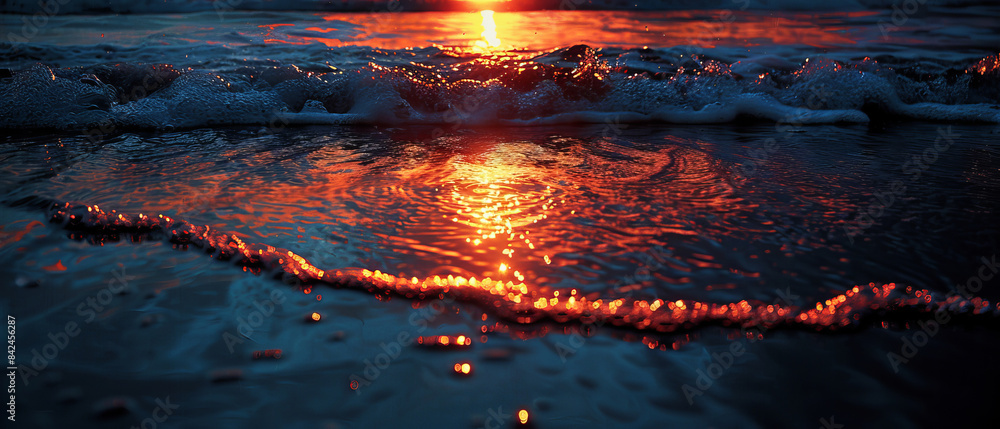 Serene Sunset Reflections: Golden Hour Glow on Summer Beach Sand Serene Sunset Reflections: Golden Hour Glow on Summer Beach Sand