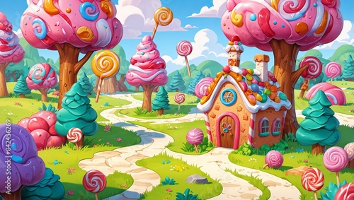 Whimsical 2D candyland with gingerbread houses and lollipop trees for sugary sweet scenes. 2d style