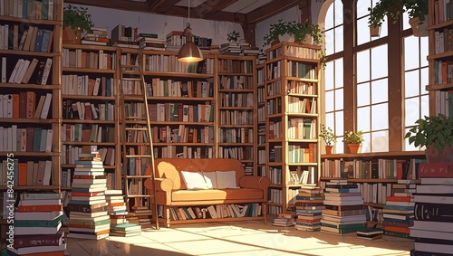 Whimsical 2D bookshop with stacks of books and cozy reading nooks for literary atmospheres. 2d style
