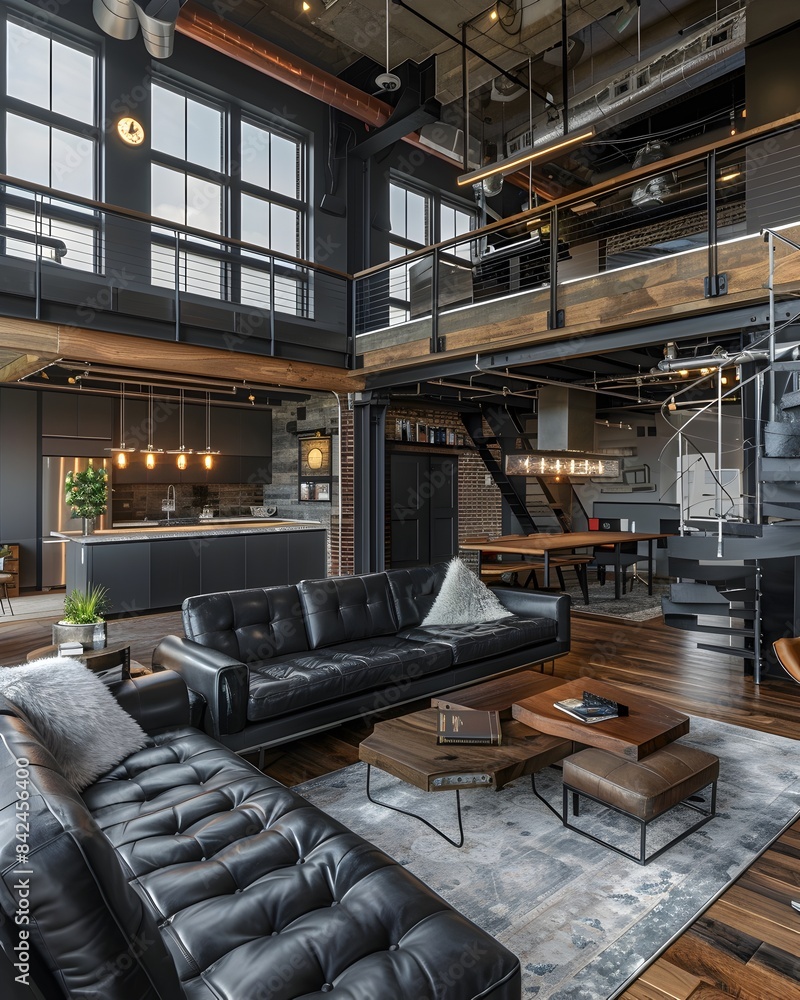 A double height living room with black leather sofas, rustic wooden floors and industrial style windows A double height living room with black leather sofas, rustic wooden floors and industrial style windows