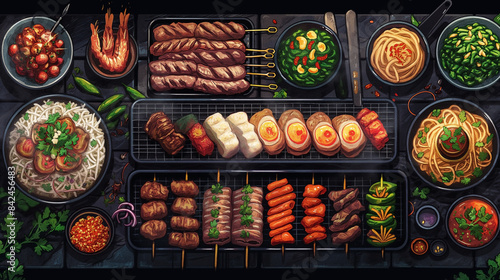 Thai grilled food, black background, vibrant colors, detailed pixels, classic retro style