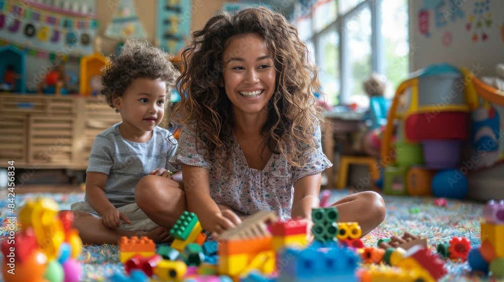 Mother and Child Enjoying a Creative Playtime with Colorful Blocks Mother and Child Enjoying a Creative Playtime with Colorful Blocks