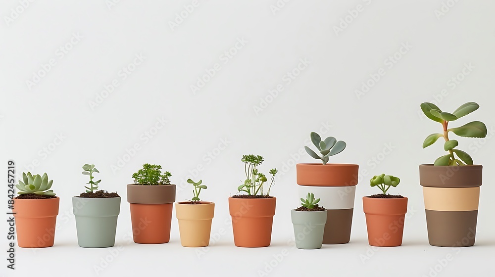 A series of plant pots arranged from smallest to largest on a white backdrop.