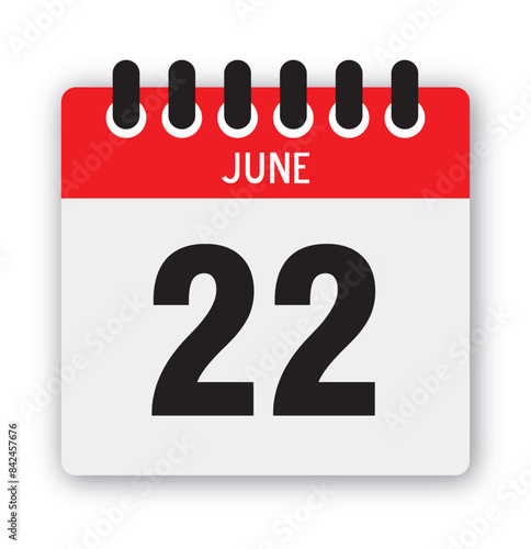 June, 22th calendar icon vector, concept of schedule, business, and tasks photo