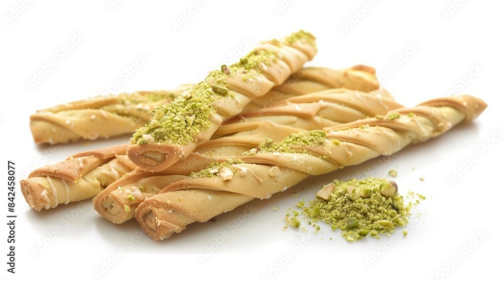 Biscuit stick with pistachio cream on a white background Biscuit stick with pistachio cream on a white background