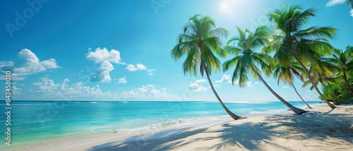 Serene Tropical Paradise  Palm Trees Swaying in the Summer Breeze on a Beach