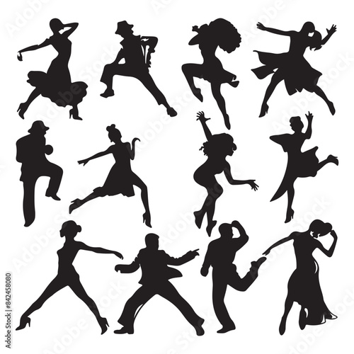 Simple and flat dancers silhouette icons set, black vector illustrations isolated on white background