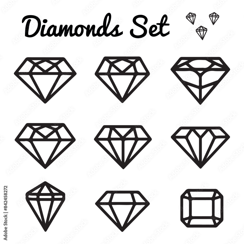 Diamond line art icons set, black vector illustrations on white background Diamond line art icons set, black vector illustrations on white background