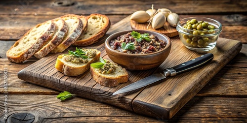 A rustic wooden cutting board features a bowl of creamy olive tapenade, alongside a butter knife used to spread the paste generously onto slices of crusty bread, olive pate, tapenade