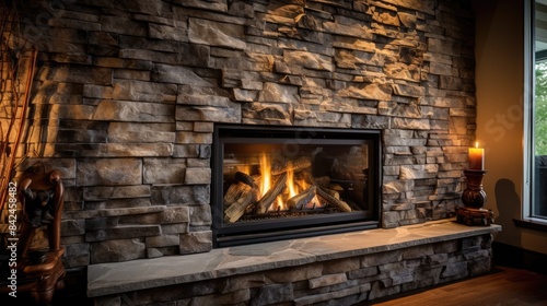 Cozy stone fireplace with burning fire