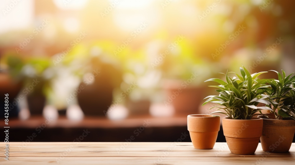 Wooden table top with pot plants blurred background for products Wooden table top with pot plants blurred background for products