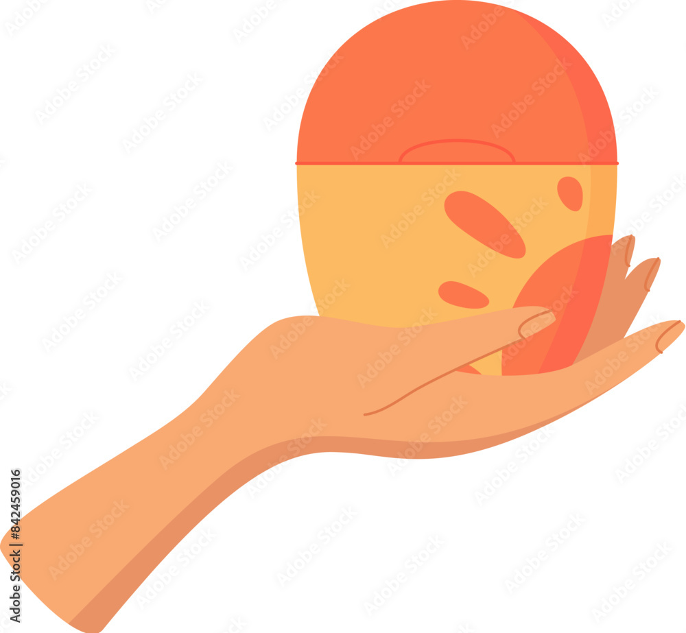 Hand holds sun block lotion product, cartoon sun screen oil bottle, vector uv protection cosmetic tube, creative spf moisturizer container, flat sunblock cream product,