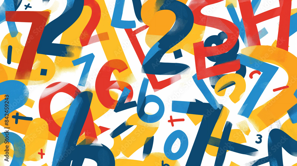 Flat numbers of different colors are drawn with paints on a white background in a random order, creating a solid background. Flat numbers of different colors are drawn with paints on a white background in a random order, creating a solid background.