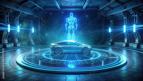 Futuristic hologram auto service in HUD style with virtual graphical interface scanning and data analysis, futuristic, hologram, auto service, HUD style, virtual, graphical interface © Sompong