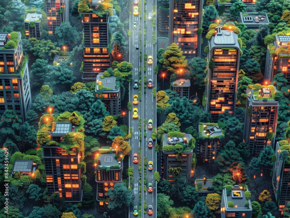 A vibrant illustration of a smart city with autonomous vehicles, green rooftops, and interconnected systems. A vibrant illustration of a smart city with autonomous vehicles, green rooftops, and interconnected systems.