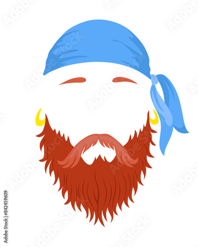 Pirate mask. Cartoon face decoration - bandana, beard and mustache. Party accessories, head costume concept. Decoration item for your selfie photo, video chat filter or photo booth