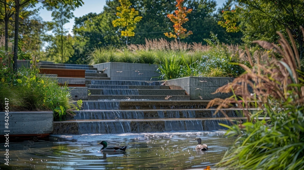 Naklejka premium Urban park with concrete steps leading to a tranquil pond, water trickling down the steps, ducks swimming nearby