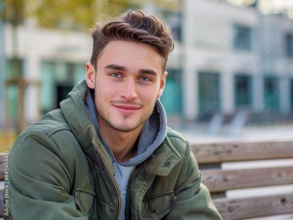 Handsome Man in Green Jacket Smiling Outdoors. Generative AI. Handsome Man in Green Jacket Smiling Outdoors. Generative AI.