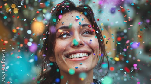 Woman with a big smile on her face is surrounded by colorful confetti. Concept of joy and celebration