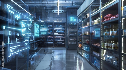 A futuristic storage room equipped with high-tech storage solutions and holographic banners displaying infographic data on storage details like temperature control  water bottle inventory  meat stock