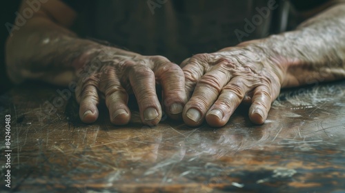 An older man with wrinkled hands resting on a wooden table