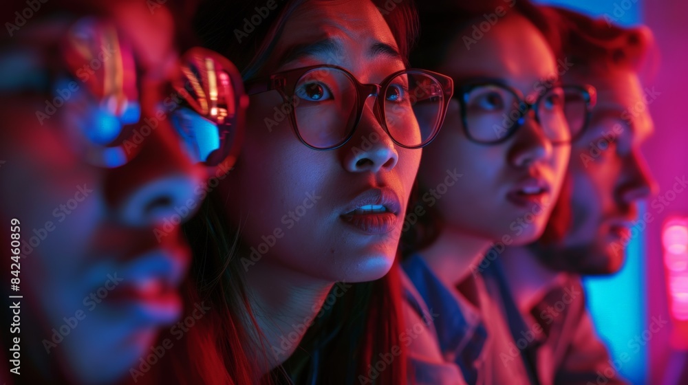 Obraz premium A group of people are watching a movie together, with one woman wearing glasses