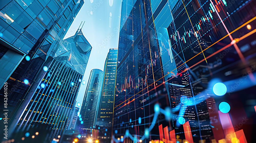 Obraz premium A stock market chart with upward trending lines over an urban skyline,