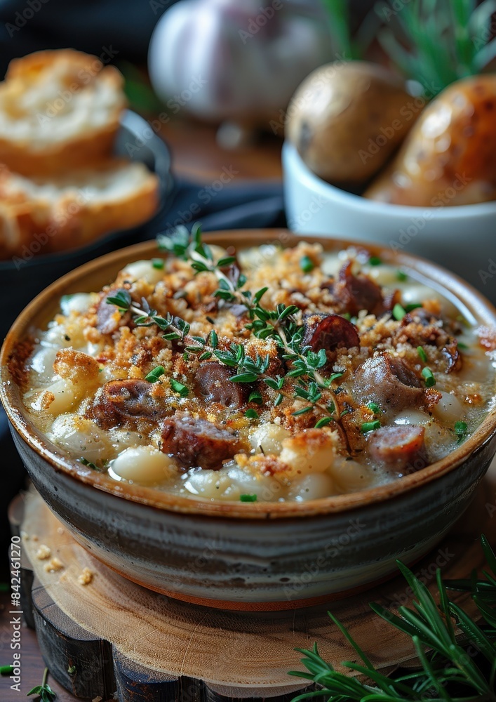 Cassoulet A hearty dish of Cassoulet with white beans, sausage, and duck confit, topped with breadcrumbs. Served in a rustic ceramic bowl. Cassoulet A hearty dish of Cassoulet with white beans, sausage, and duck confit, topped with breadcrumbs. Served in a rustic ceramic bowl.