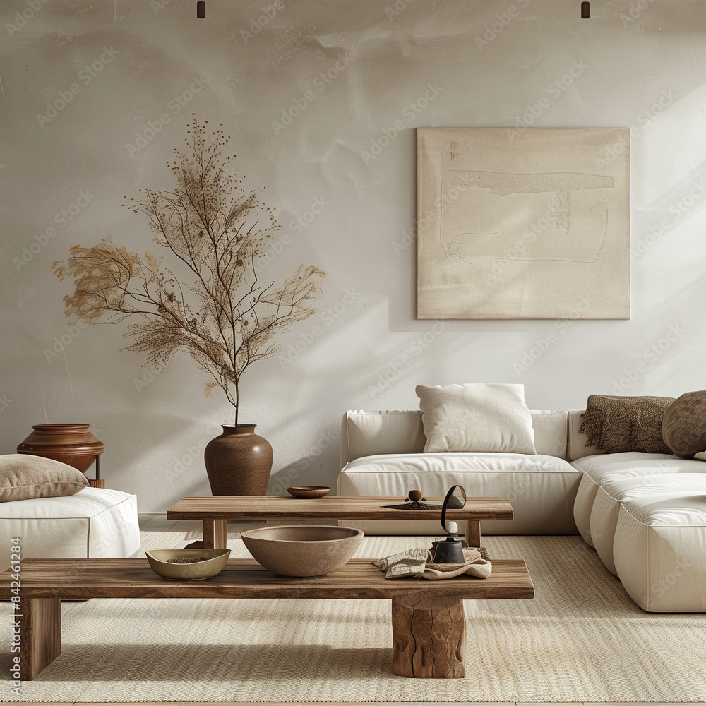 A serene living room with natural elements and balanced furniture placement, representing the principles of Feng Shui. A serene living room with natural elements and balanced furniture placement, representing the principles of Feng Shui.