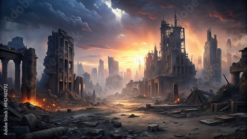 Destroyed buildings in a post-apocalyptic ruined city, apocalyptic, ruins, urban, destruction, desolate, abandoned, wasteland, rubble, debris, decaying, devastated, desolation, aftermath