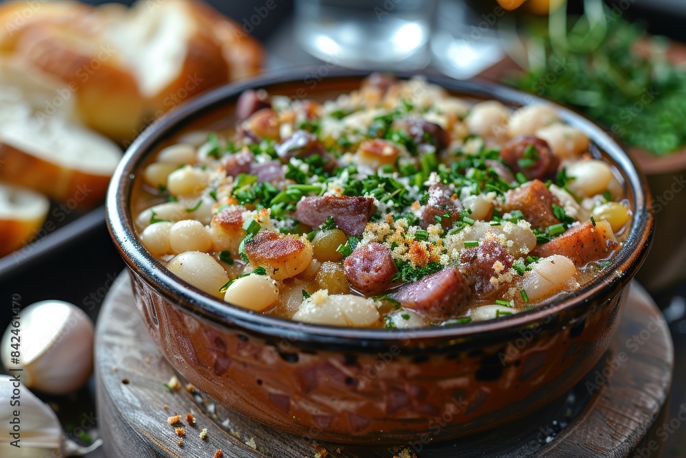 Cassoulet A hearty dish of Cassoulet with white beans, sausage, and duck confit, topped with breadcrumbs. Served in a rustic ceramic bowl. Cassoulet A hearty dish of Cassoulet with white beans, sausage, and duck confit, topped with breadcrumbs. Served in a rustic ceramic bowl.