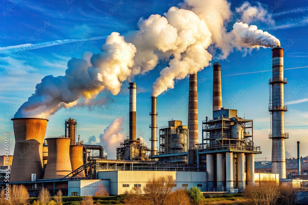 A sprawling industrial complex with smoking chimneys against a vibrant blue sky, highlighting the release of CO2 into the atmosphere and the concept of carbon trading markets, power plant