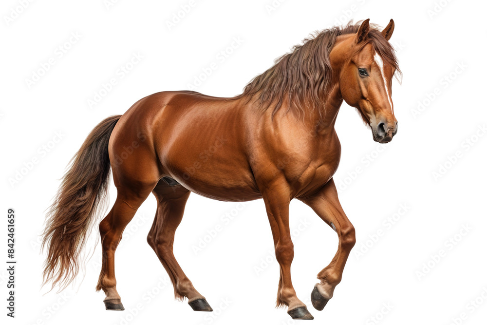 Majestic Brown Horse Posing on White Canvas on White or PNG Transparent Background. Majestic Brown Horse Posing on White Canvas on White or PNG Transparent Background.