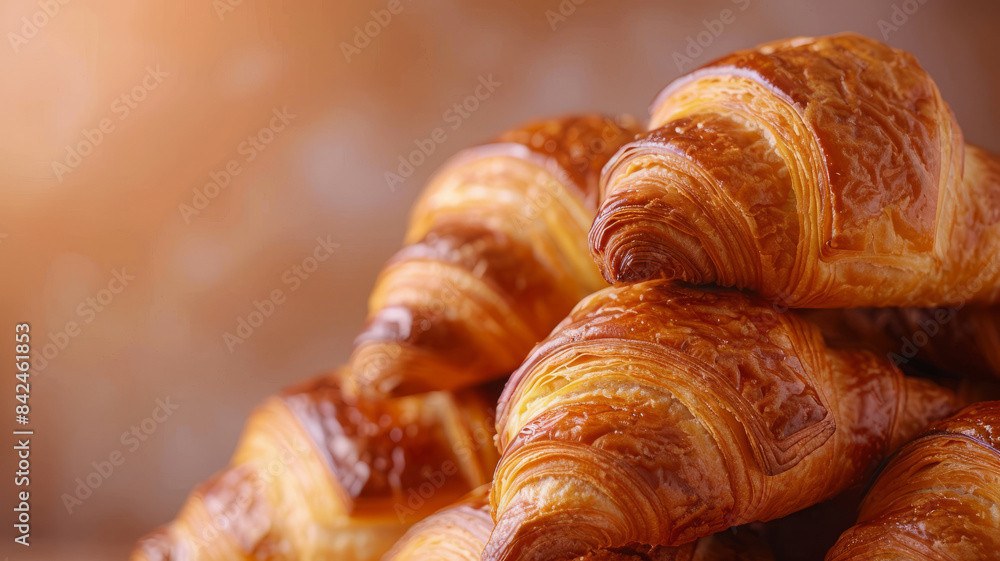 Close-up of freshly baked golden brown croissants. Close-up of freshly baked golden brown croissants.